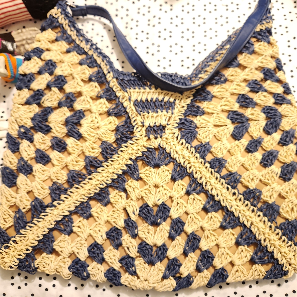 Blue and Cream Geometric Shoulder Bag